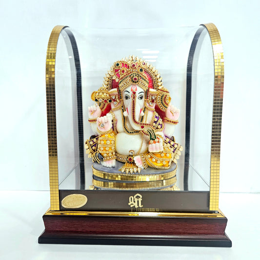Ganesh ji Idol Home decor Idol for Gifting in transparent cabin Box Ganesha Idol in stones designer