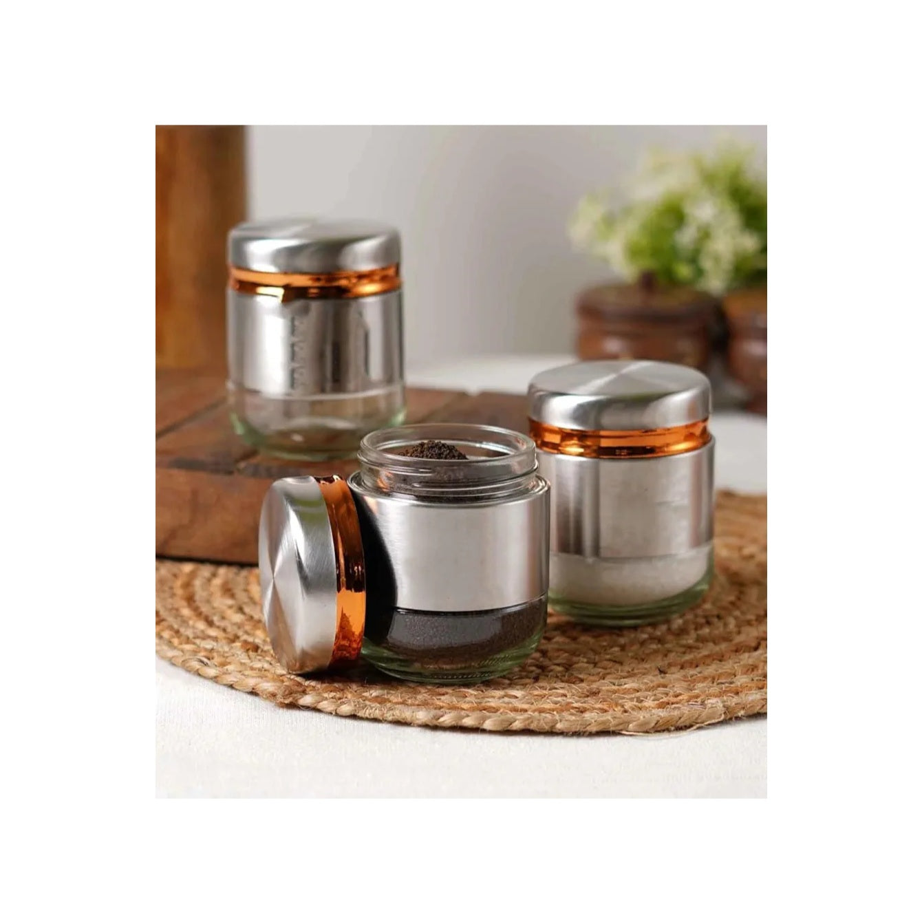 Steel Cover Window Clear Glass Jars for Kitchen Storage Food Spices Canister with Airtight Lid Container Organizer, Tea Coffee & Sugar Silver - 350ML, Set of 6 With Steel Stand