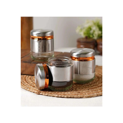 Steel Cover Window Clear Glass Jars for Kitchen Storage Food Spices Canister with Airtight Lid Container Organizer, Tea Coffee & Sugar Silver - 350ML, Set of 6 With Steel Stand