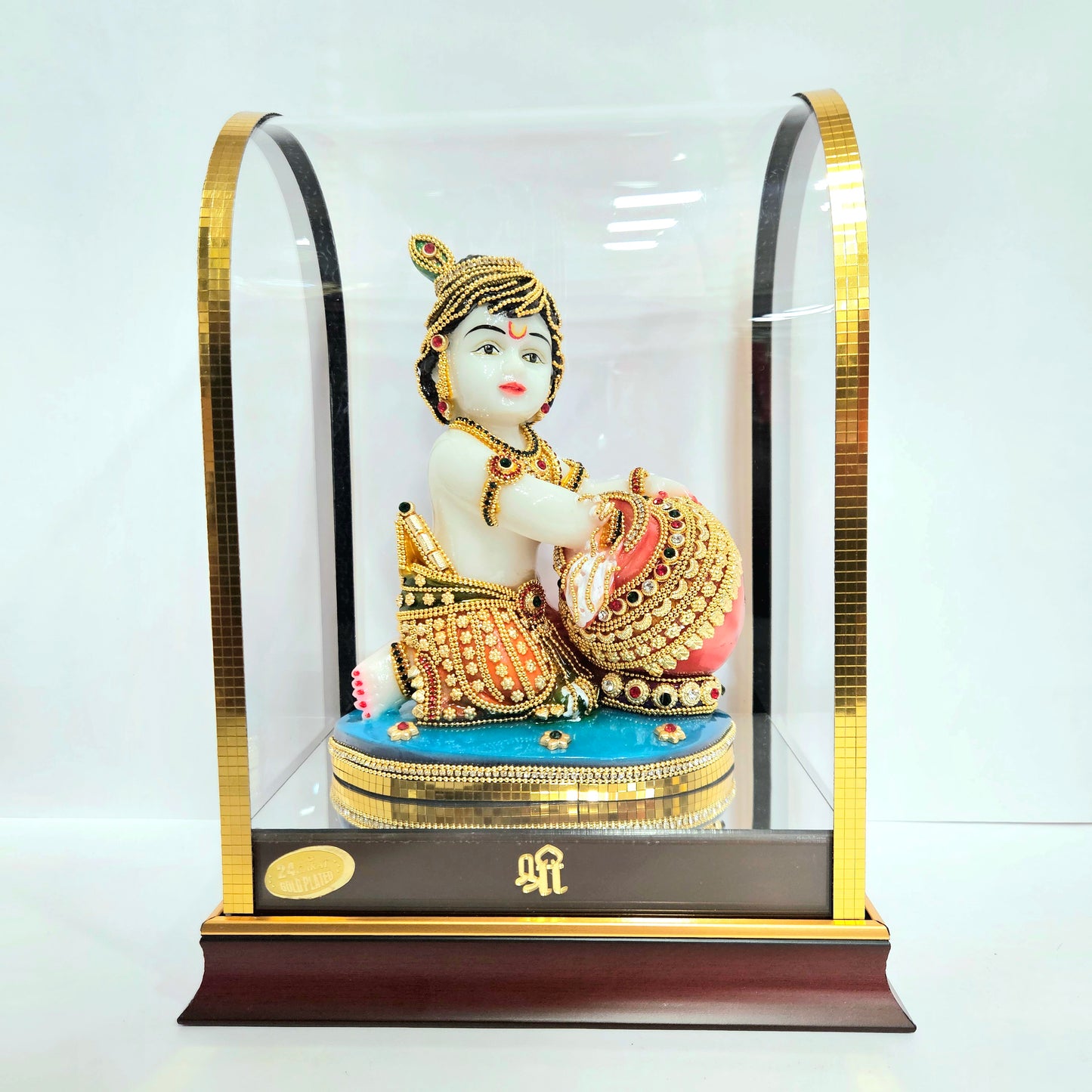 24carat gold Plated little Krishna idol Statue Showpiece in transparent protective cabin