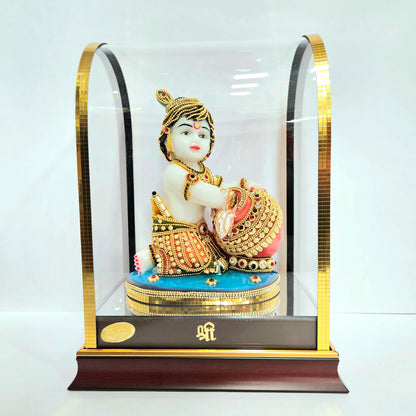 24carat gold Plated little Krishna idol Statue Showpiece in transparent protective cabin