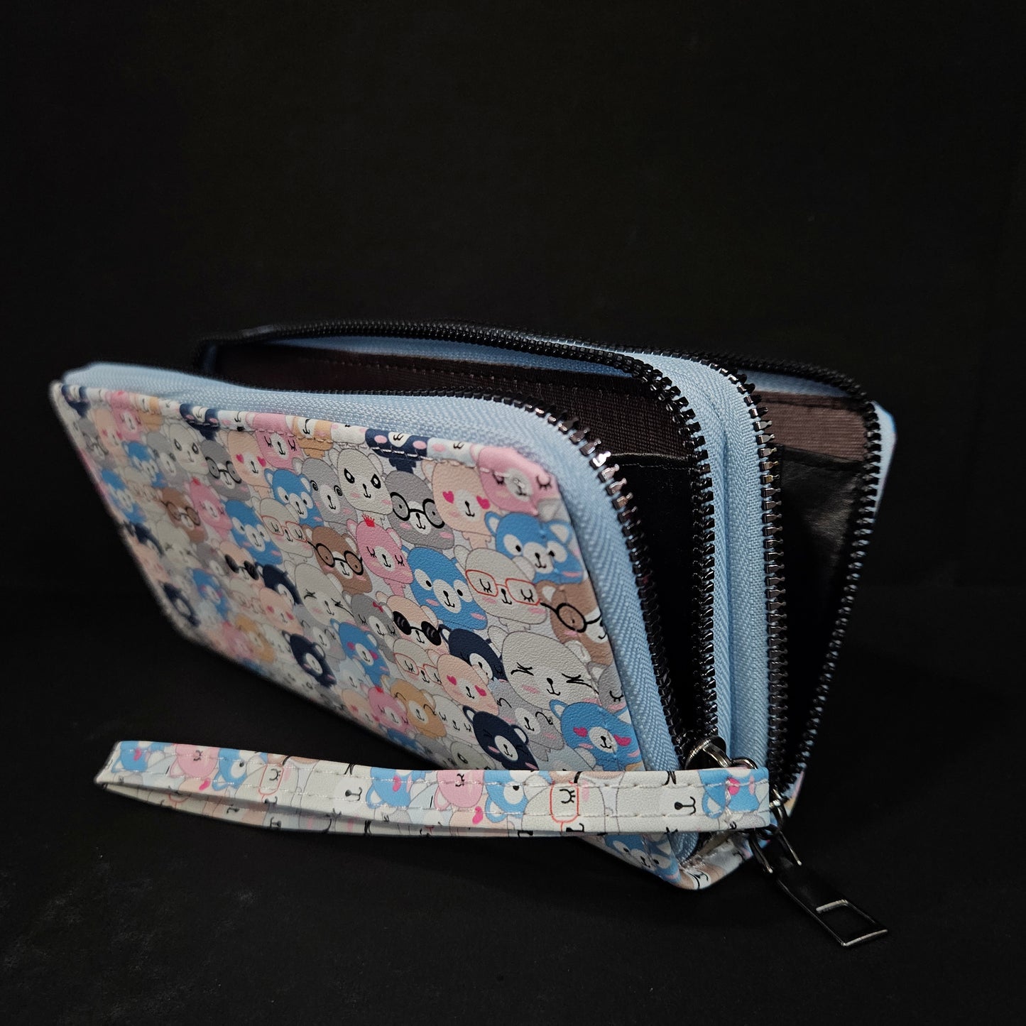 Leather Thin Slim Wallets for Women Cute Bear Stars Wallet for Women with Double Zipper