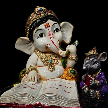 Handcrafted Resin Resting Lord Ganesha Idol Decorative Showpiece for Home Temple, Pooja Room, Office, Car Dashboard