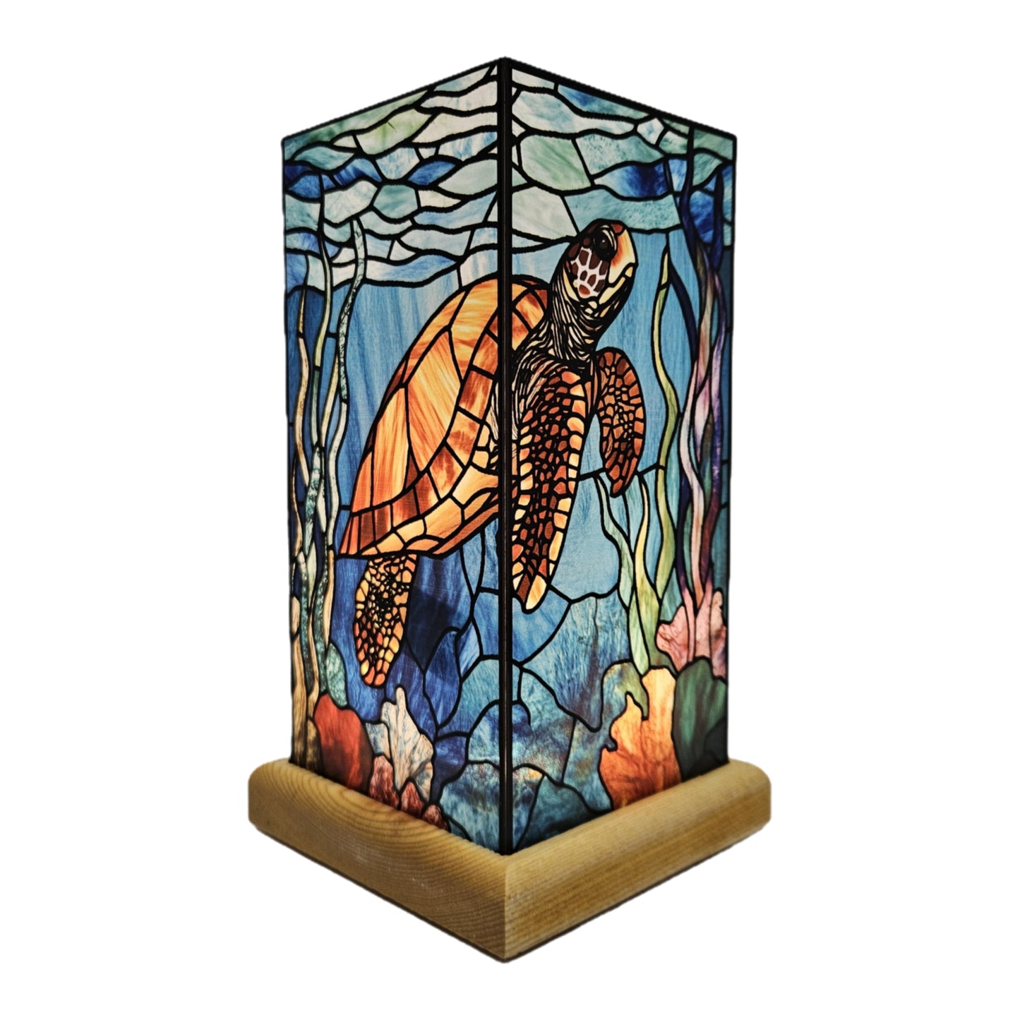 Acrylic sea turtle lamp features a vibrant underwater scene printed on a clear square panel perfect for Bedroom's