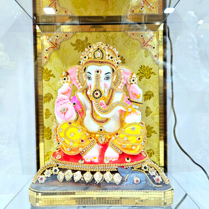 Imported 24carat Gold Plated Cabin Idol with stones Decorated Hand Made Sculpture of Ganesha with Lighting Full Decorate for Puja Room Or Home Decor