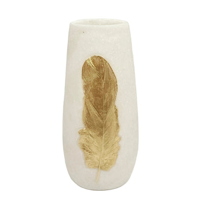 white ornamental vase features a distinct textured finish and a central gold feather