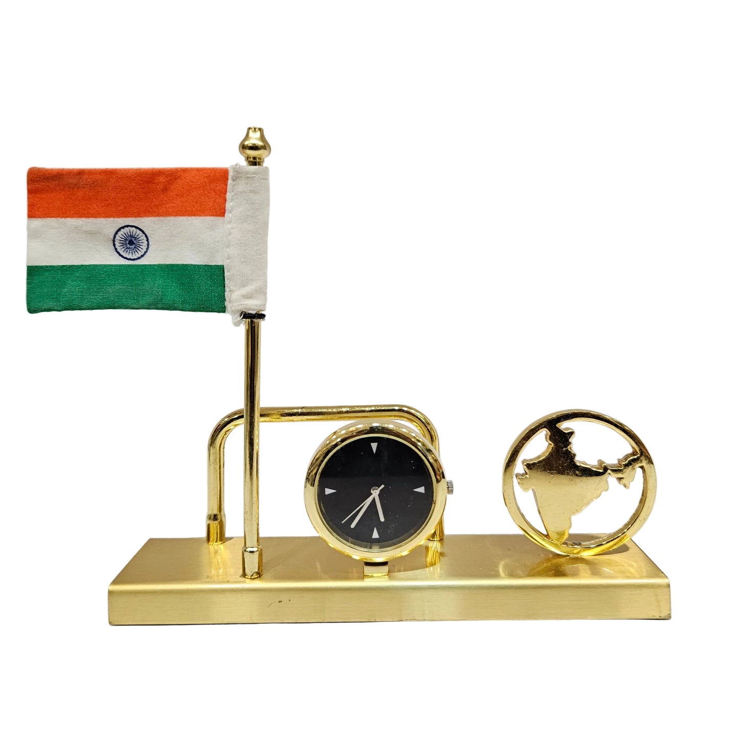 Desk accessory A golden metal stand holding an Indian flag, an analog clock, and a stylized India map