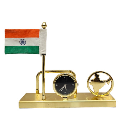 Desk accessory A golden metal stand holding an Indian flag, an analog clock, and a stylized India map
