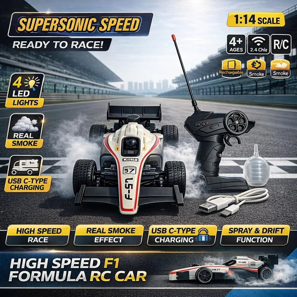 Supersonic Speed F1 Formula Racing Car, Remote Control, 1:14 Scale, Rechargeable USB-C, Real Smoke Effect, 4 LED Lights, 2.4GHz, Ages 4+