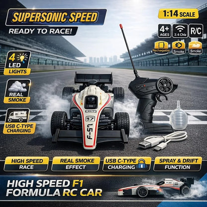 Supersonic Speed F1 Formula Racing Car, Remote Control, 1:14 Scale, Rechargeable USB-C, Real Smoke Effect, 4 LED Lights, 2.4GHz, Ages 4+