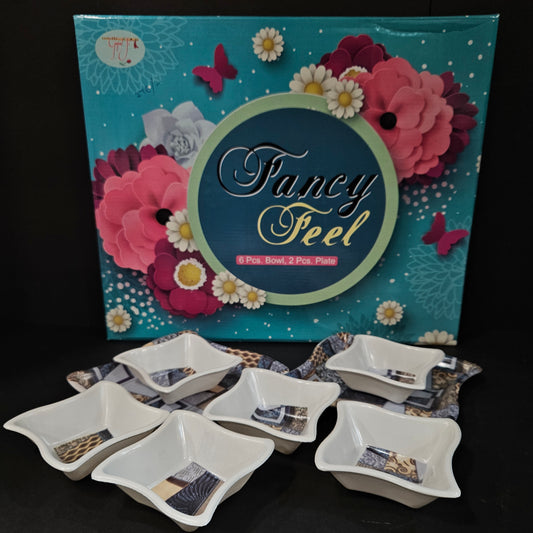 Fancy feel melamine 6 pieces bowls & 2 pieces snack platters set