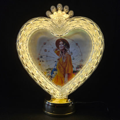 White Heart Shape Crystal Photo Frame with Button Operated for gifting purpose/couple gifting
