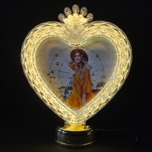 White Heart Shape Crystal Photo Frame with Button Operated for gifting purpose/couple gifting