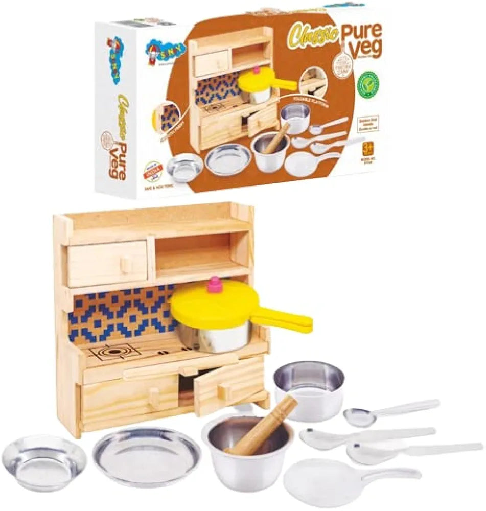 Classic Kitchen Play Set for Girls Kids Handmade Wooden & Stainless Steel Cooking Kitchen Play Set Toys for Children Educational & Learning Toy A Great Gift.