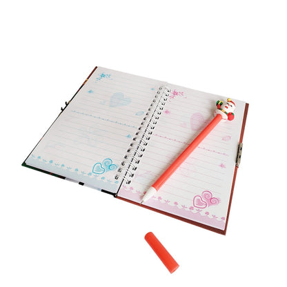 Notebook and pen set with Christmas theme, Key closure for kids return gifts