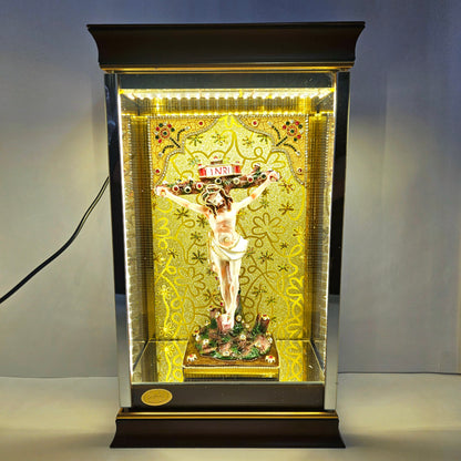 24 carat gold Plated Jesus on cross Statue Decorated with stones in a transparent protective cabin