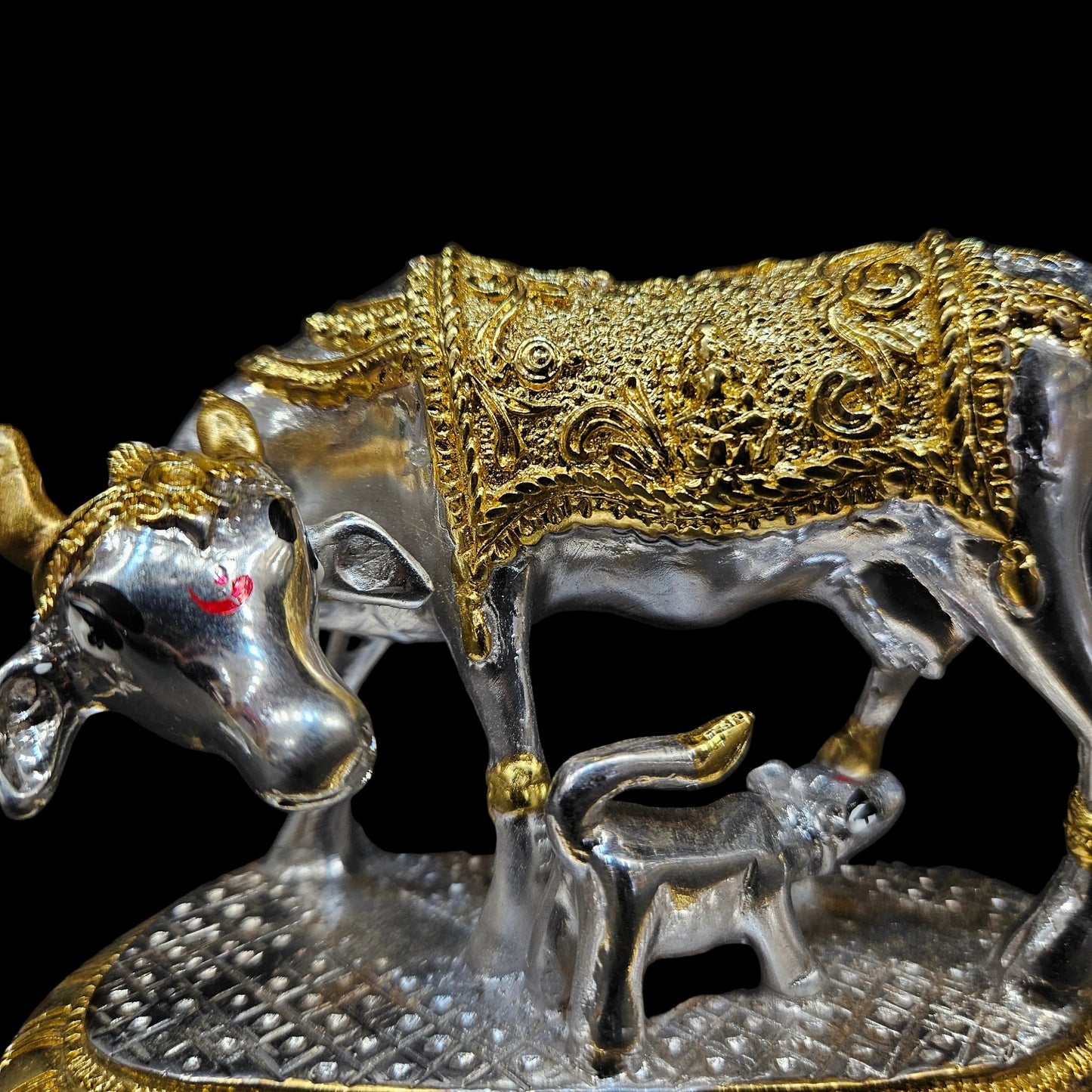 Kamdhenu Cow and Calf Idol, Gold and Silver Plated Polyresin