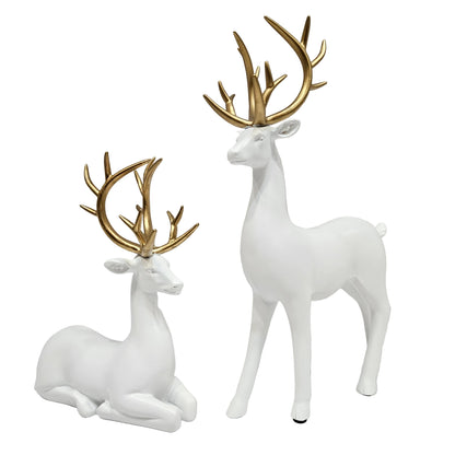 White resin deer 2pcs set figurines a distinct gold antler design Showpiece