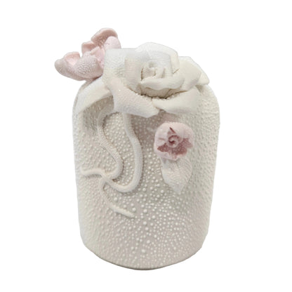 Textured white polyresin or Ceramic vase for Garden/home collection, embossed pink and white roses
