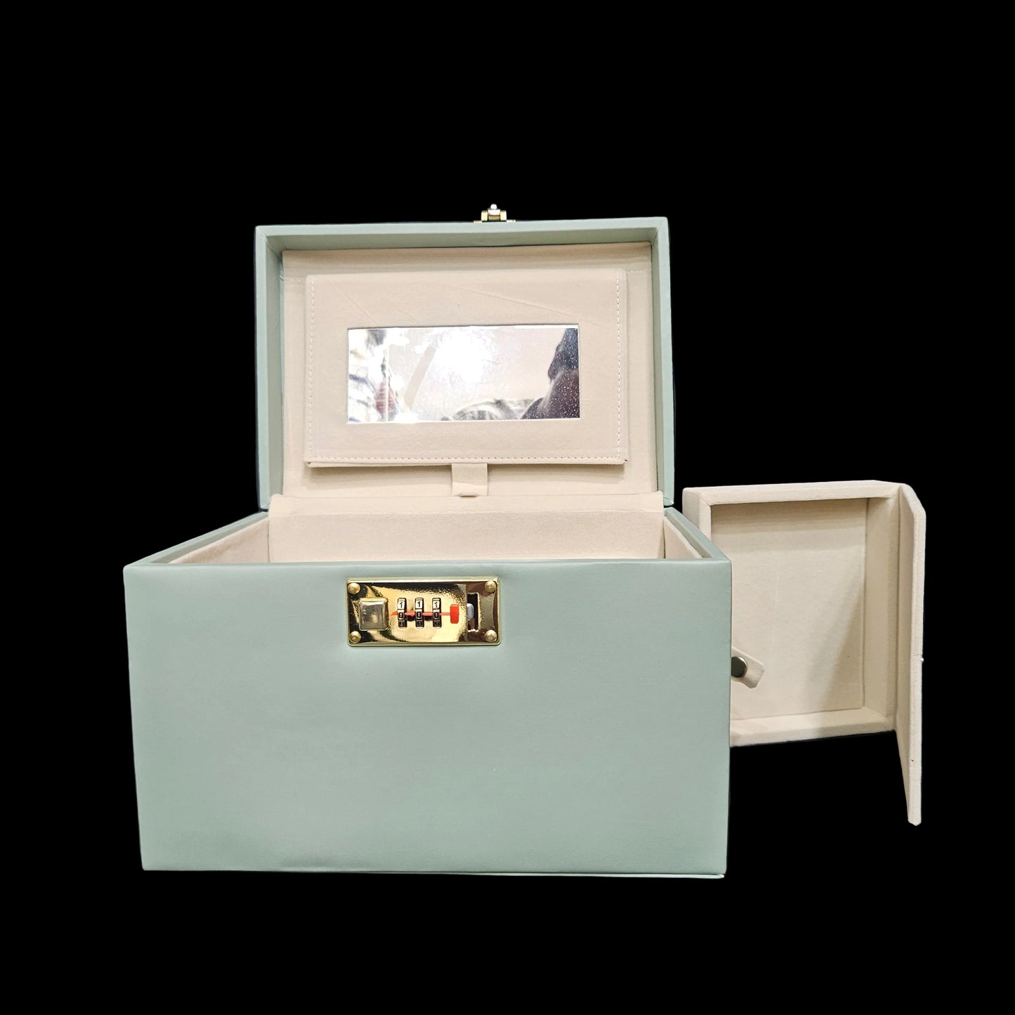Leather Jewellery Box for Women Vanity Box with Sliding Tray, Three-Digit Combination Lock, Mirror, Pocket for Safe Jewelry