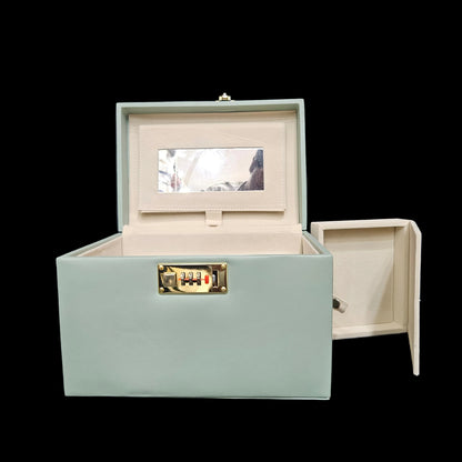 Leather Jewellery Box for Women Vanity Box with Sliding Tray, Three-Digit Combination Lock, Mirror, Pocket for Safe Jewelry