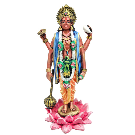 Lord Vishnu polyresin idol, depicted in his traditional four-armed standing form atop a blooming pink lotus base