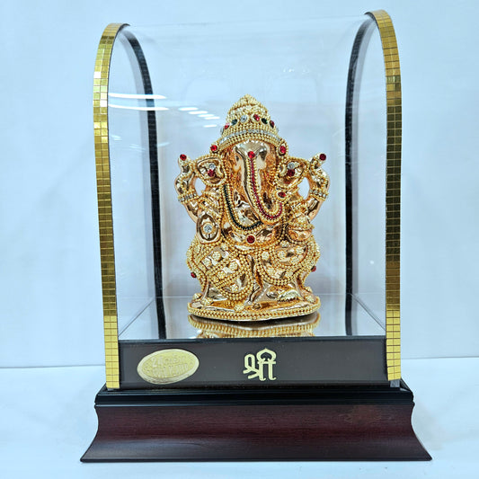 Lord vinayaka murti 24carats gold Plated idol Statue in a transparent protective cabin