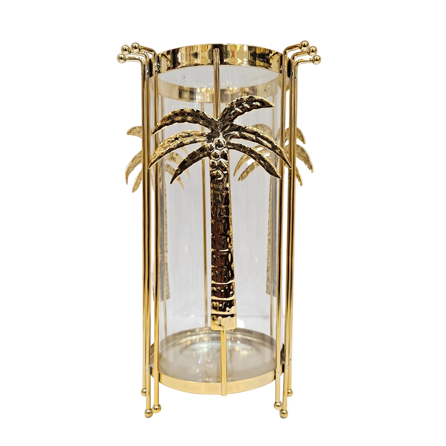 Gold metal hurricane candle holder from Jenny Robert Exclusive Décor a glass insert adorned with palm tree
