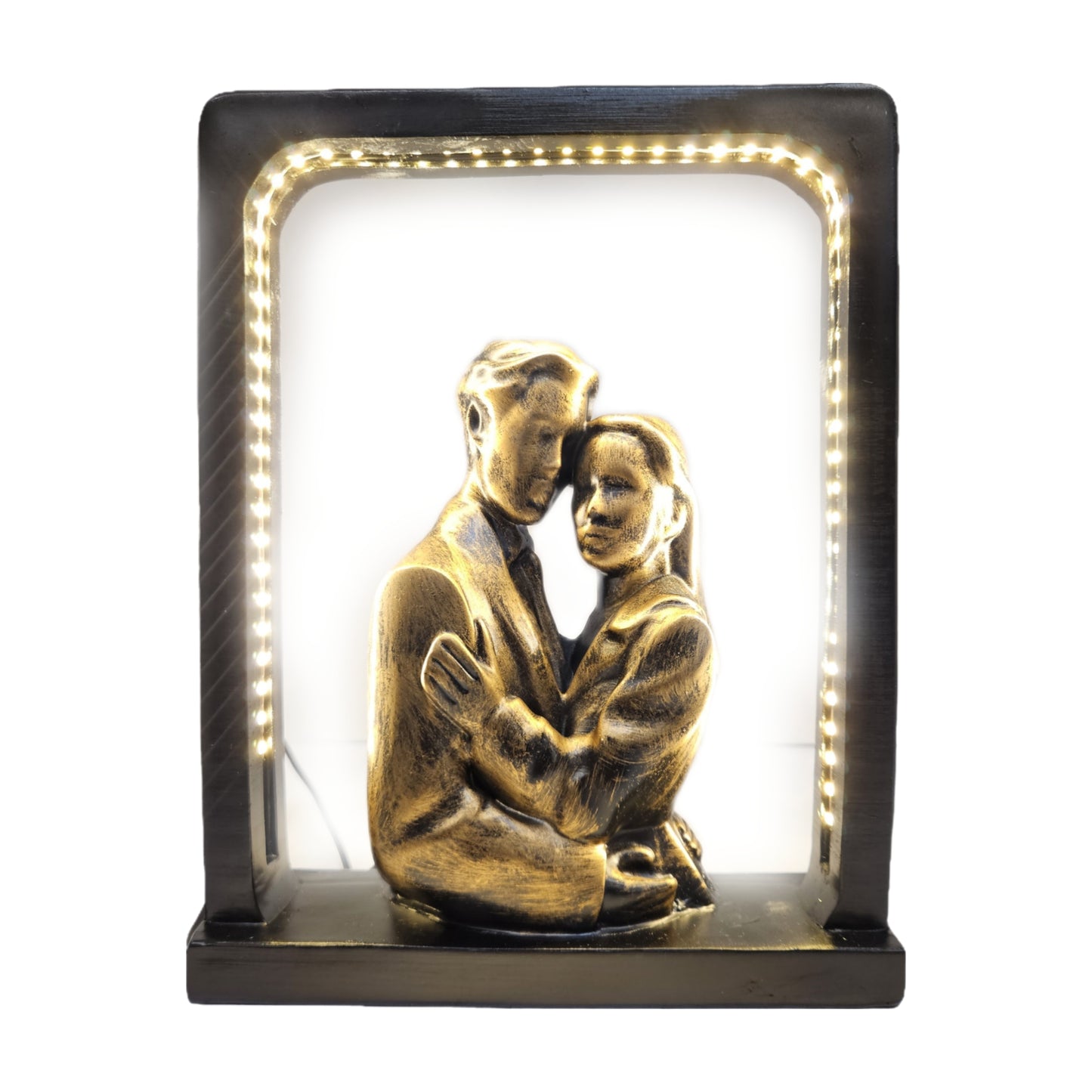 Golden romantic couple figurine showpiece is crafted from polyresin and features integrated LED lighting within the frame