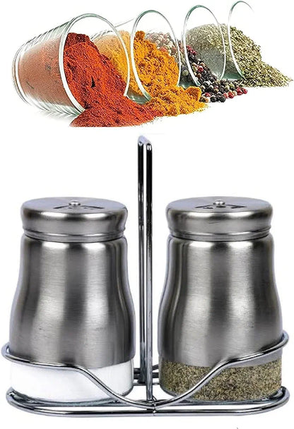 Salt and Pepper Container for Dining Table with Stand Glass & Steel Premium Big Salt Jar Sprinkler Container Shaker with Different Size Roaters 2 Container Salt n Pepper Set