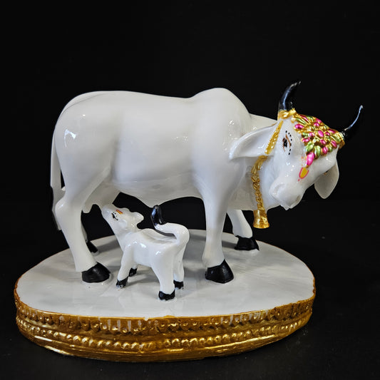 Cow With Calf Statue in Marble Dust, Holy Cow Idol, Showpiece for Home Decor, Handmade Divine Cow, Mother Cow with Baby Calf, kamdhenu