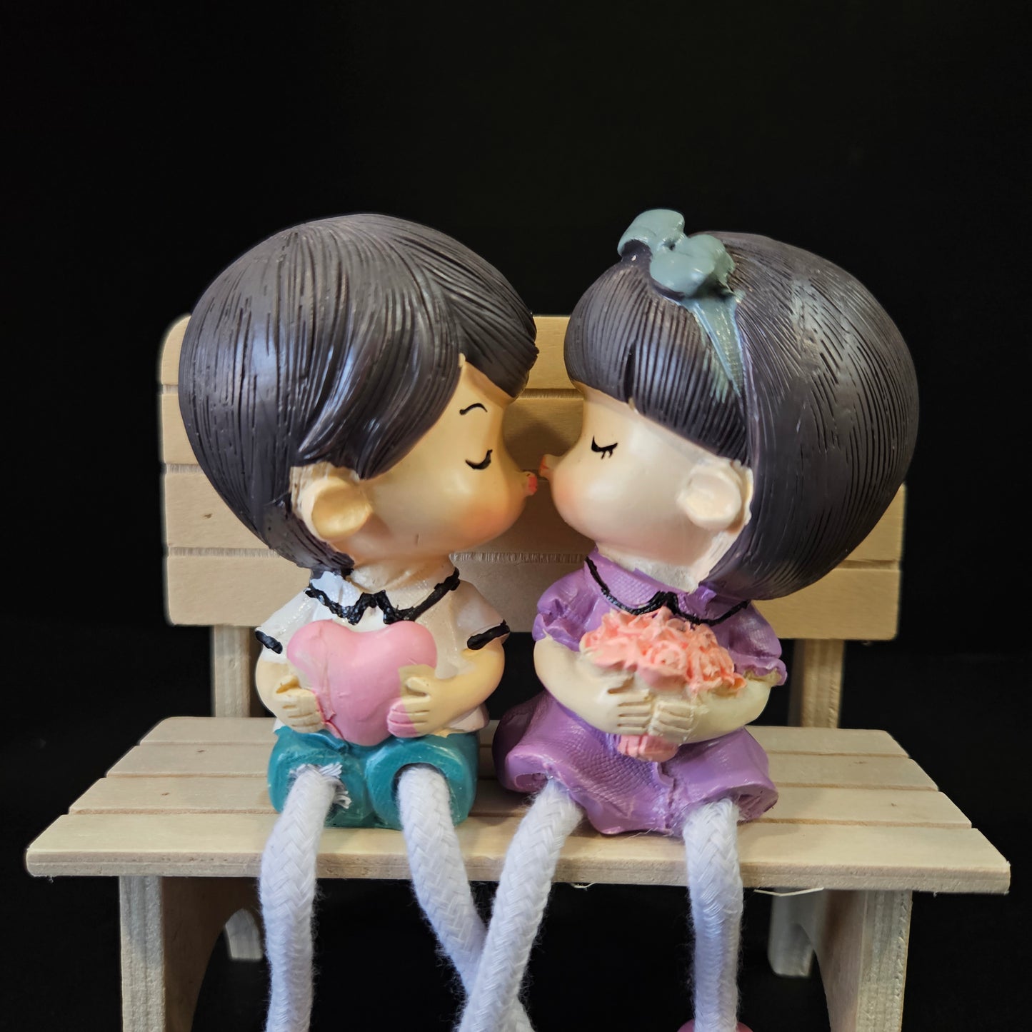Loving Kissing Couple Hanging Legs Sitting on Bench Valentine Day& Gift Purpose Decorative