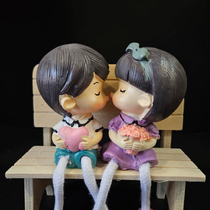 Loving Kissing Couple Hanging Legs Sitting on Bench Valentine Day& Gift Purpose Decorative