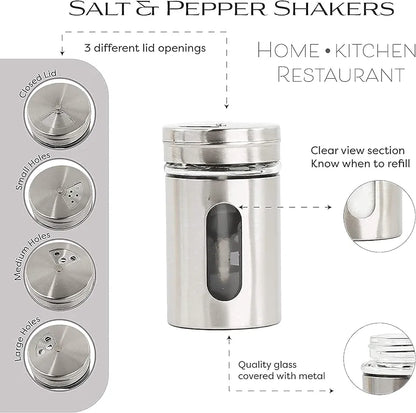 Spice Jar Stainless Steel & Glass with Holder Stand Set of 4 for Oregano,Chilli Flakes, Sugar, Seasoning Sprinkler,Air Tight Container,Dining Table Masala Box