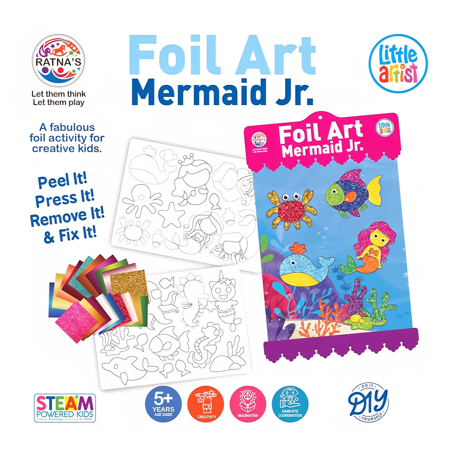 RATNA'S Foil Art Mermaid Junior Craft Kit, STEAM Powered Art & Craft Kit, Foil Fun Mess Free Creative Activity DIY Kit for Kids