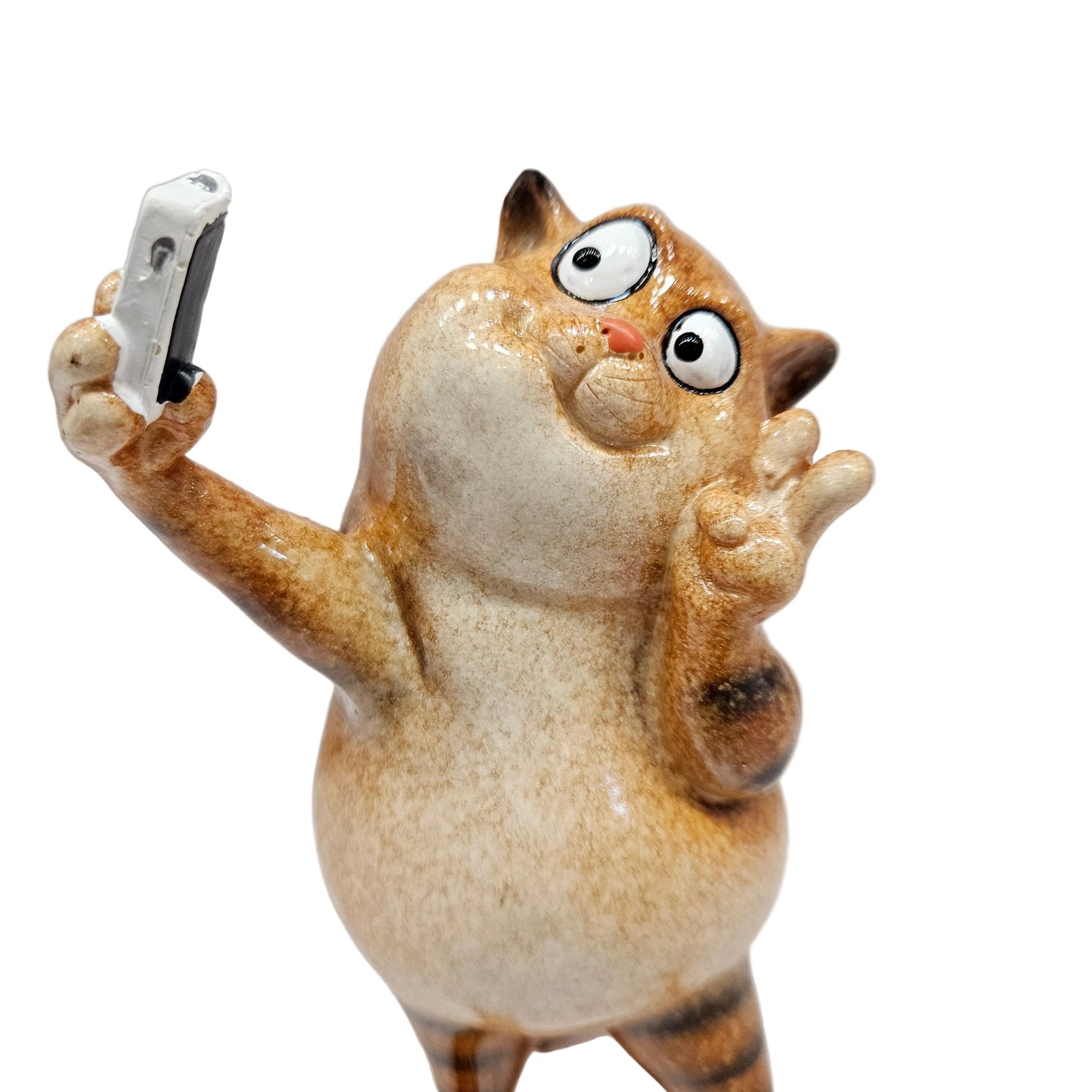 Ceramic Glazed Ginger Fat Cat Taking Selfie Ornament Figurine for Cat Lovers