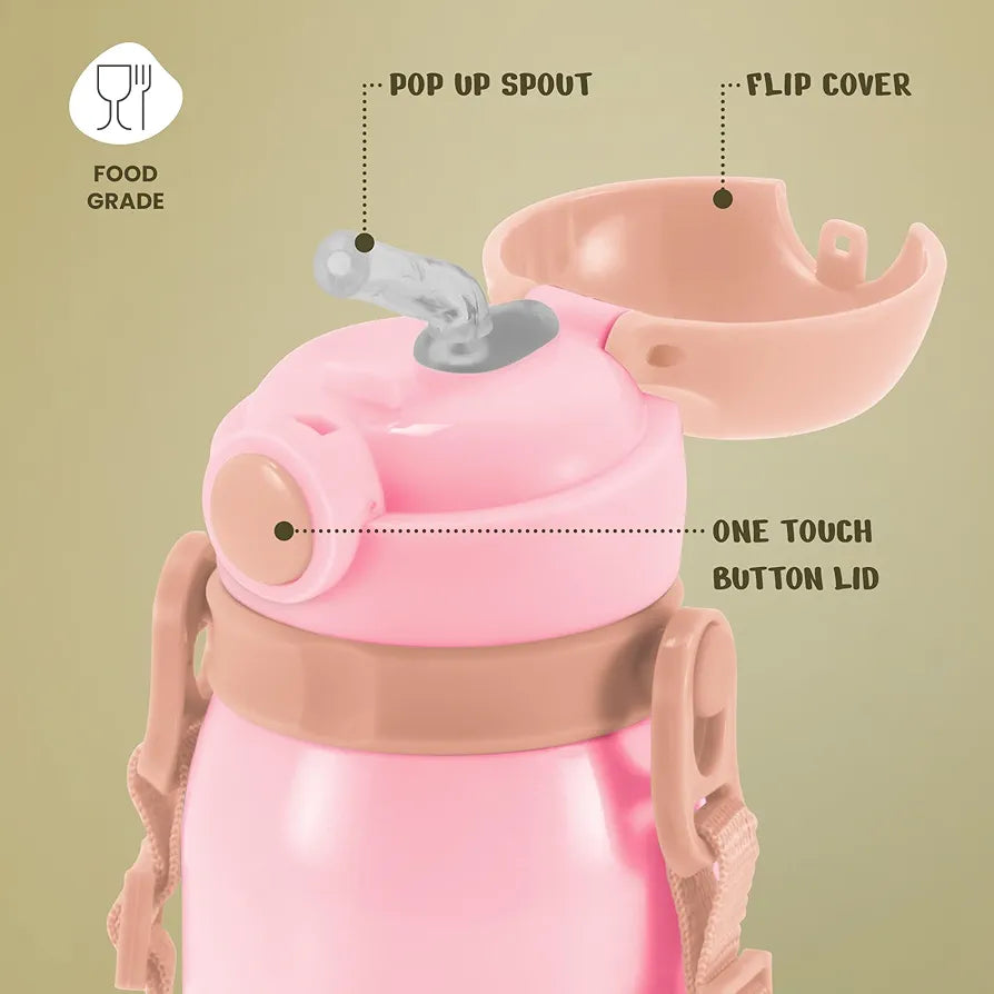 Milton Thermosteel Companion 450 Insulated Inner Stainless Steel Water Bottle with Spout Lid, 1 Piece, 435 ml, Pink| Easy Grip | Leak Proof | Hot or Cold | School | Travel Bottle