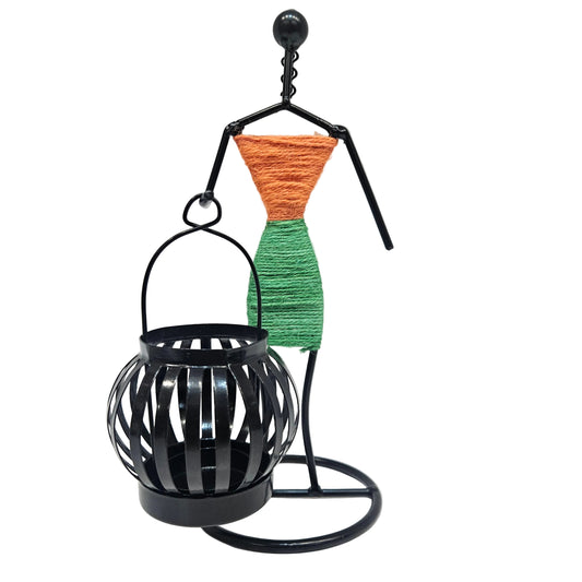 Retro Style Candlestick Figurine features a handcrafted metal silhouette holding a small black lantern Showpiece