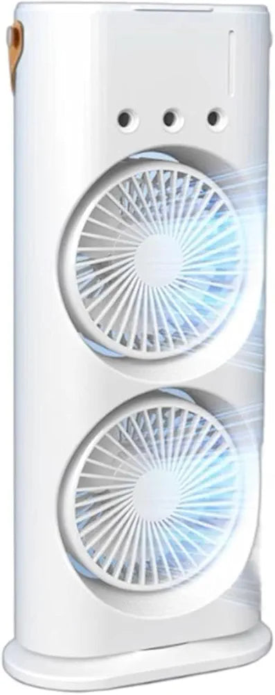 double-ended spray mini fan designed to provide cool, moist air. Dual Fans: Equipped with two fans for enhanced airflow.Has a 280ml water tank for a cooling mist effect. Compact and lightweight with a car