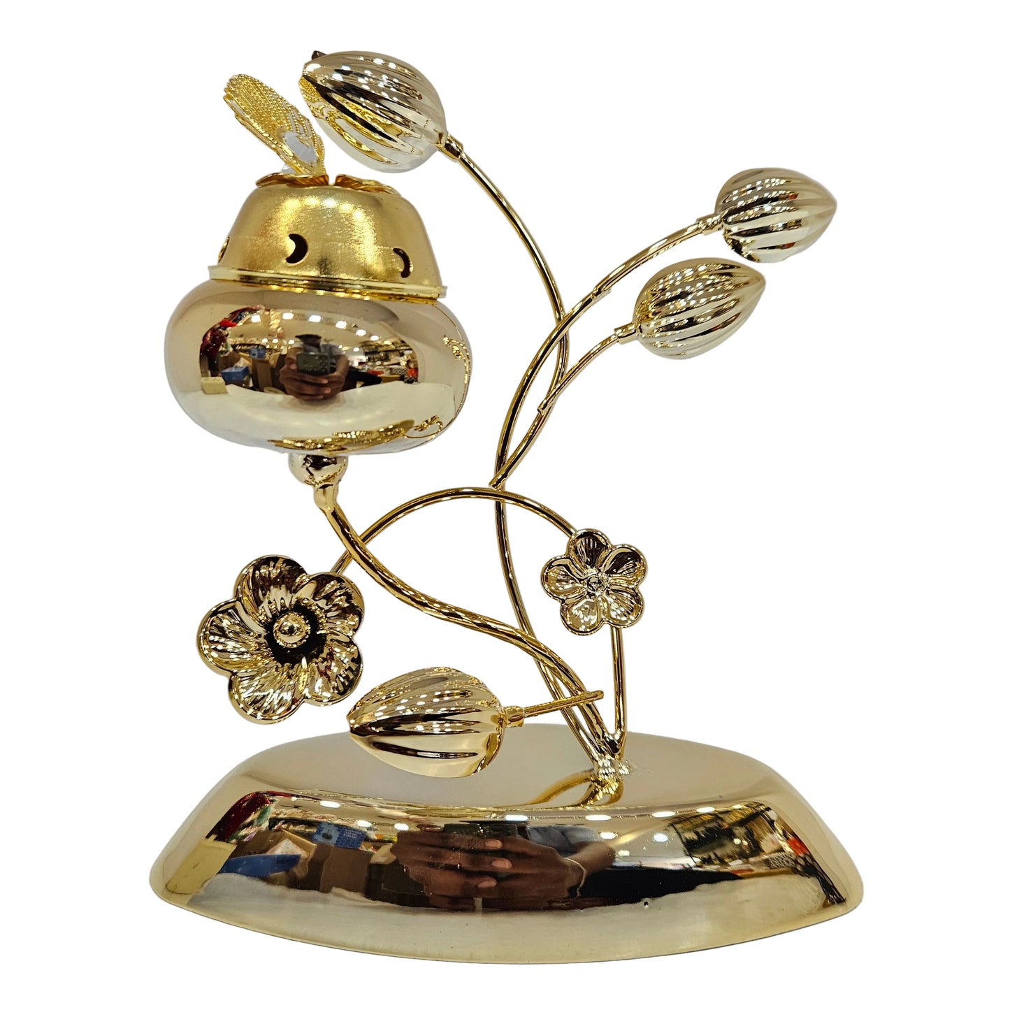 Elegant gold floral dhoop stand designed for home mandirs, daily puja, or festive décor