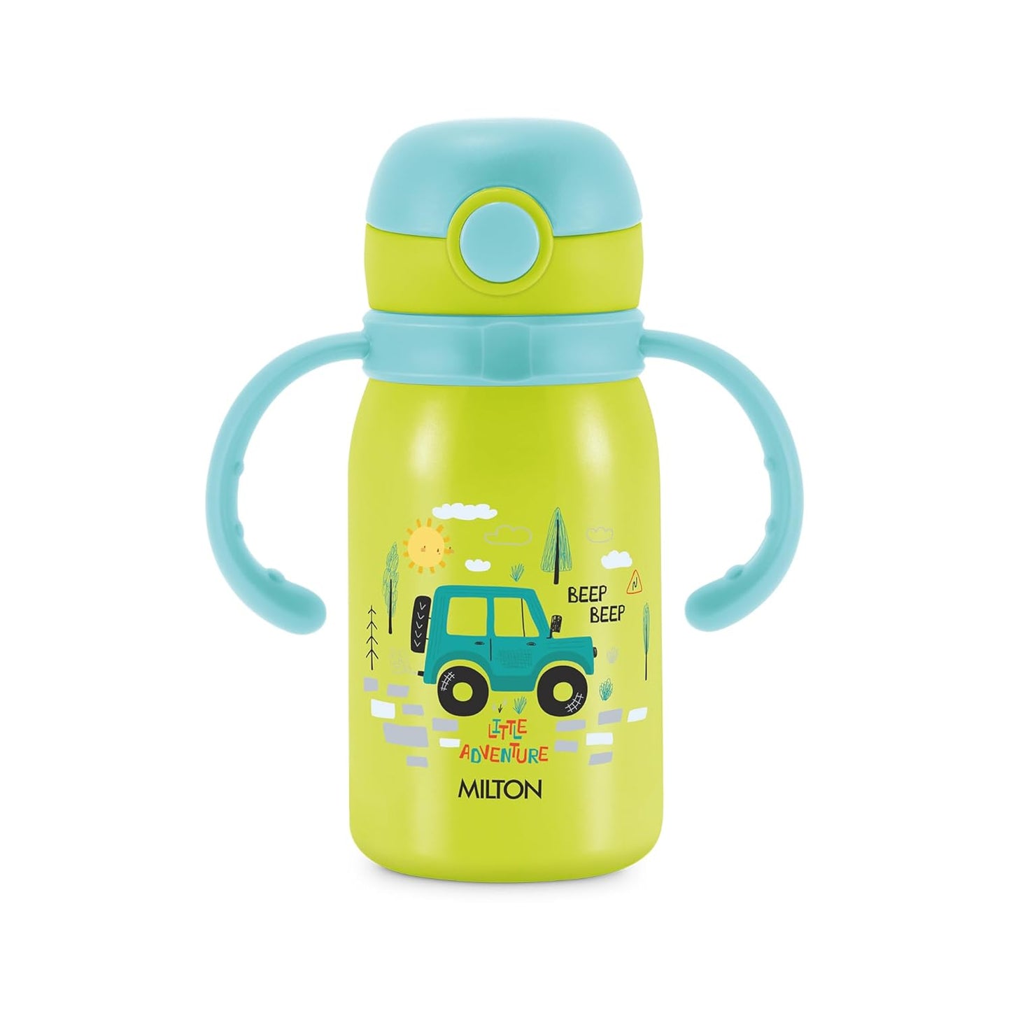 Yellow water bottle with blue handle and lid, featuring a car design and 'Milton' branding on a white background.