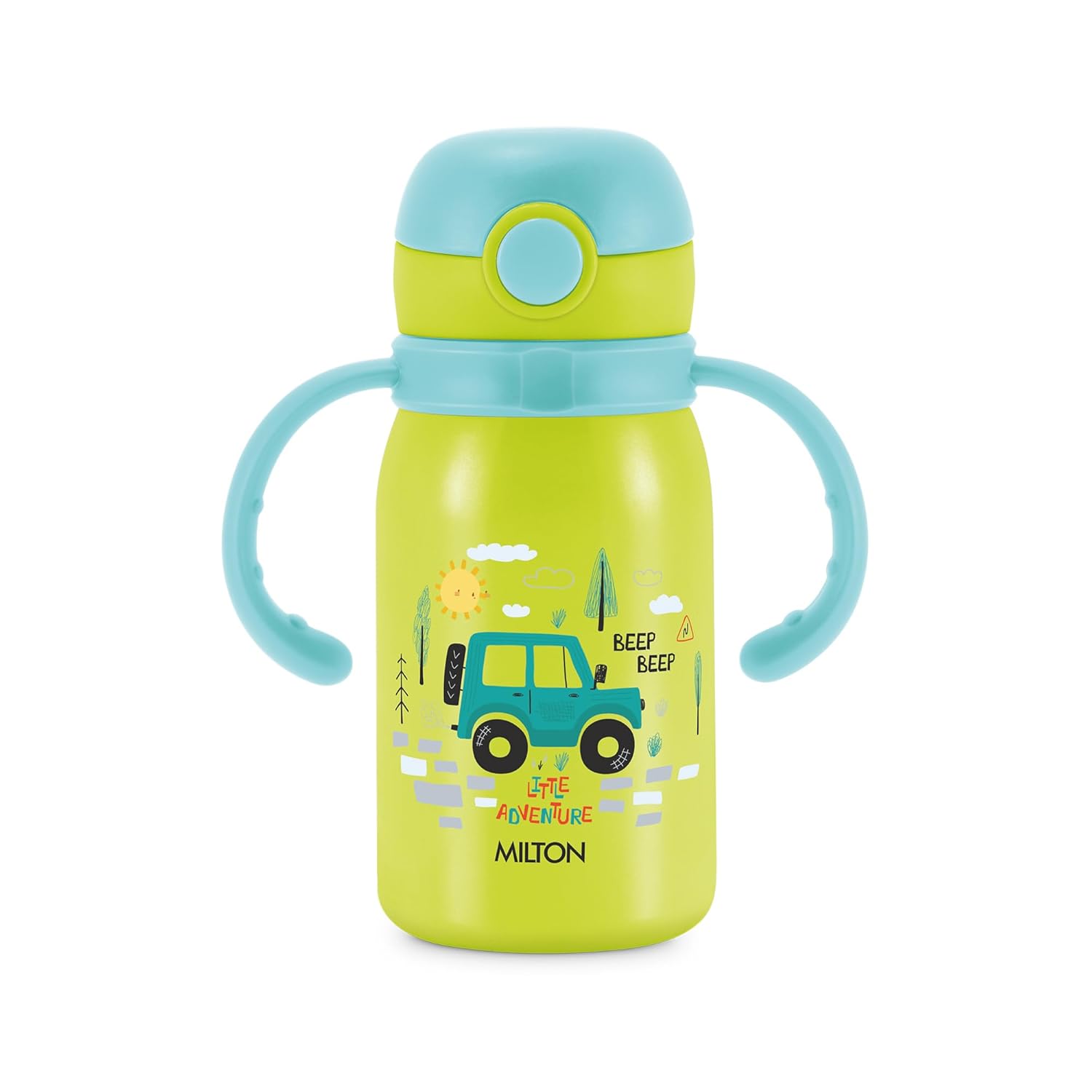 Yellow water bottle with blue handle and lid, featuring a car design and 'Milton' branding on a white background.