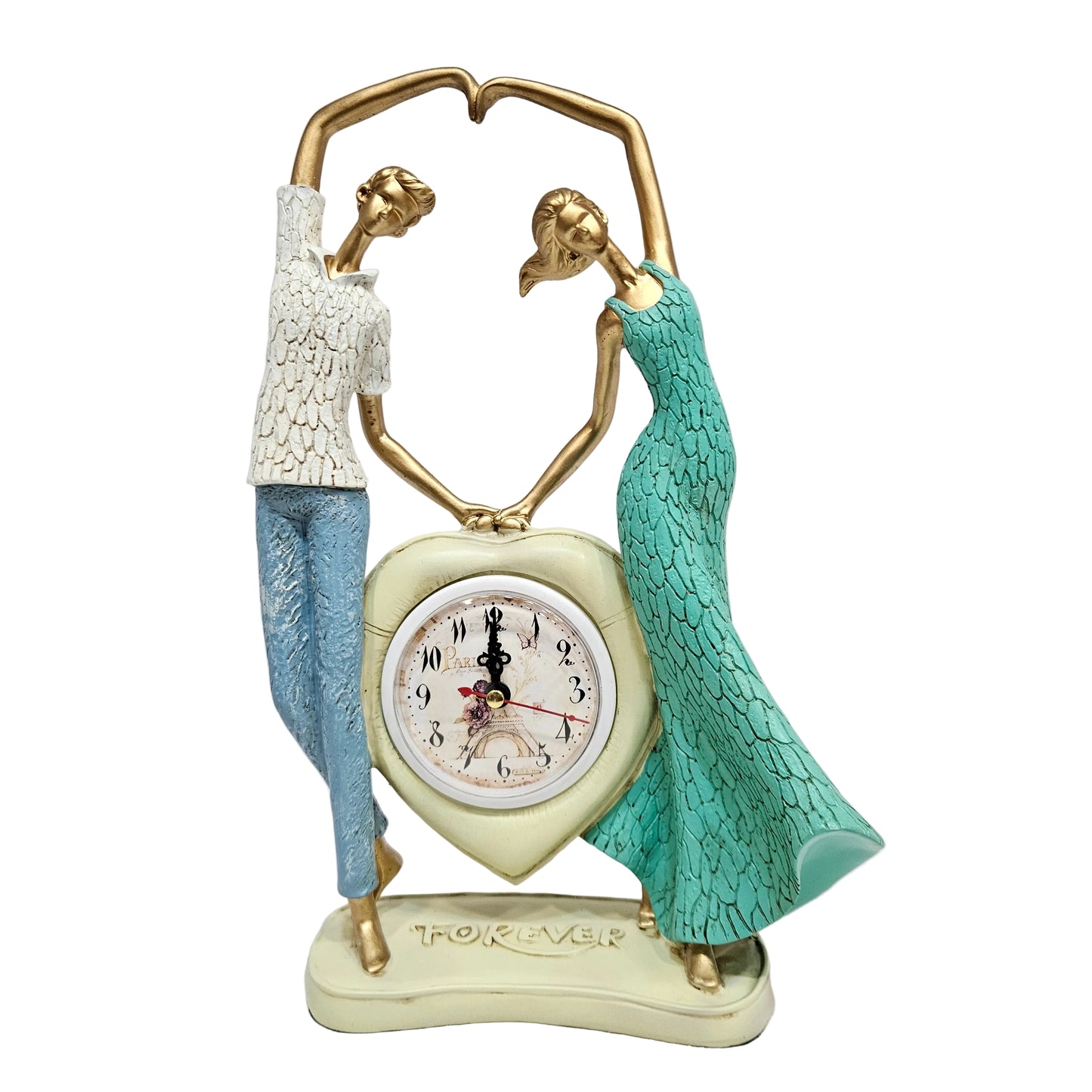Polyresin dancing couple showpiece featuring a functional Paris-themed clock centered in a heart