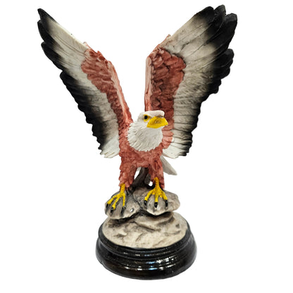 Eagle Sculpture with Red and Brown Feathers – Hand-Painted Ceramic Bald Eagle Figurine on Rock Base – Patriotic Wildlife Statue for Home, Office, Collectors and Gifts