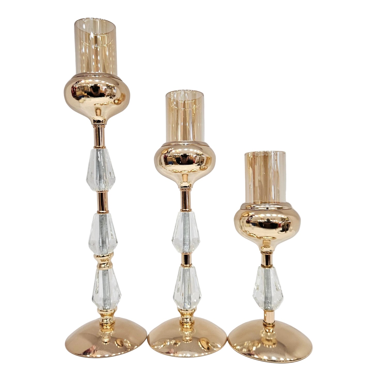 Metal candle holders a polished gold finish and crystal acrylic accents, perfect for wedding decor or table centerpieces