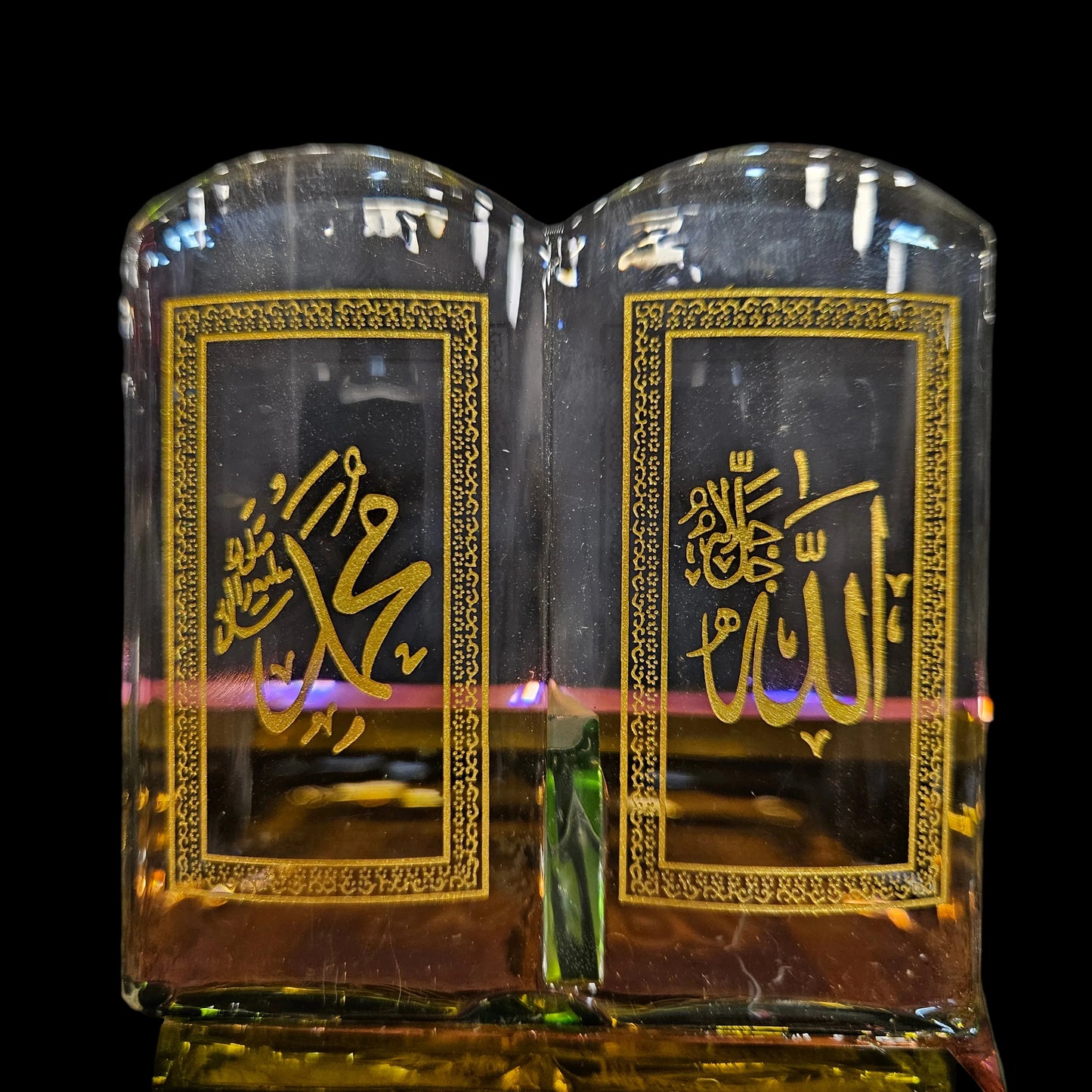 Crystal Glass Holy Quran Collectible Showpiece - Divine Names Allah and Mohammed, Desktop Decor