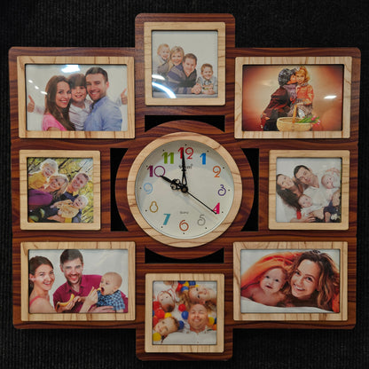 Wooden clock with family photos arranged around it on a dark background