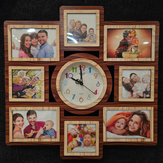 Wooden clock with family photos arranged around it on a dark background