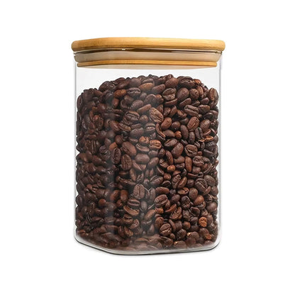 Glass Jar with wooden lid 1200ml Food Storage Glass Jars & Containers with Wooden Lid - for Noodles, Flour, Cereal, Rice, Sugar, Tea, Coffee