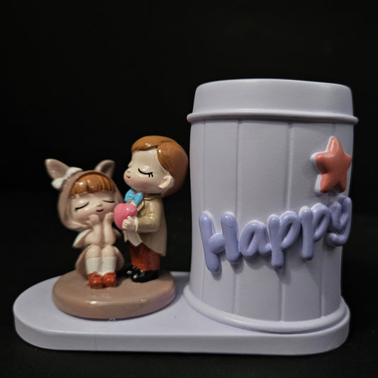 Happy Pen Stand with couples holding heart Valentine Gift for Girlfriend Boyfriend Wife Husband-Romantic Couple Miniature Statue Decorative Showpiece